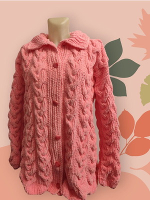 Hand Knitted Cardigan new, pink plush yarn