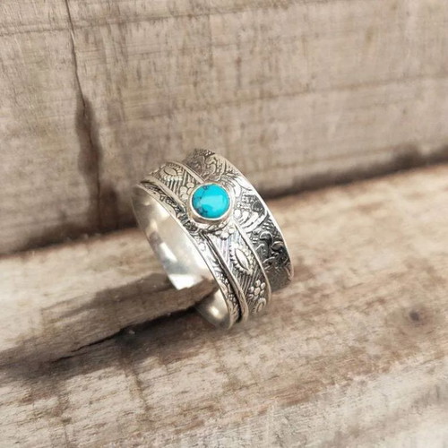 Boho ring with natural turquoise new, silver plated metal
