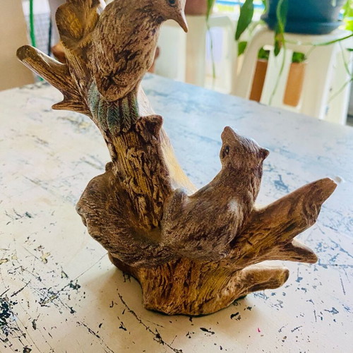 Handmade ceramic decorative owls and tree branch with squirrel and bird new