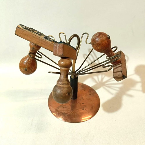 Desk set used with pen holder, stamp holder, inkwell and blotter