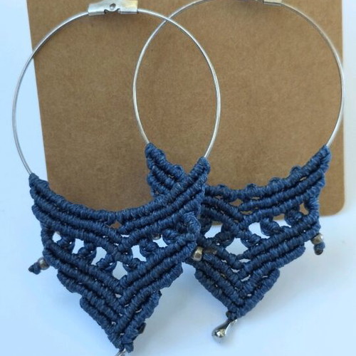 Handmade macrame earrings blue with silver hoops, new