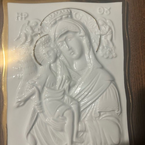 Icon of Virgin Mary with Child porcelain and gold like new