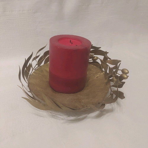 Handmade metal candlestick hammered with olive branch decoration like new