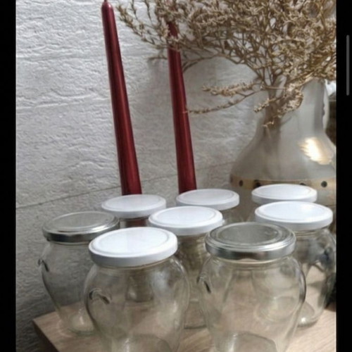 Glass jars set of 12 like new, 300g amphora style with mixed lids