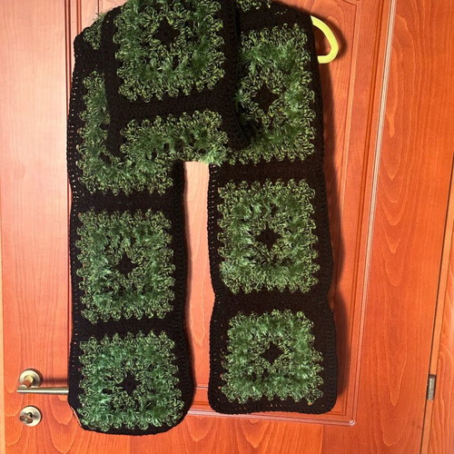 Handmade knitted scarf new with granny squares in black and green