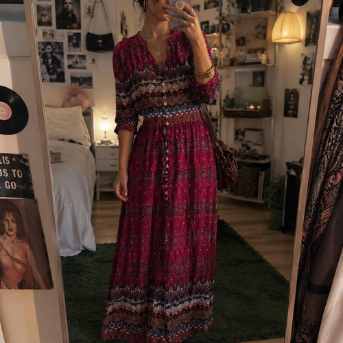 Boho ethnic dress new, size small, red multicolor