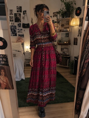 Boho ethnic dress new, size small, red multicolor