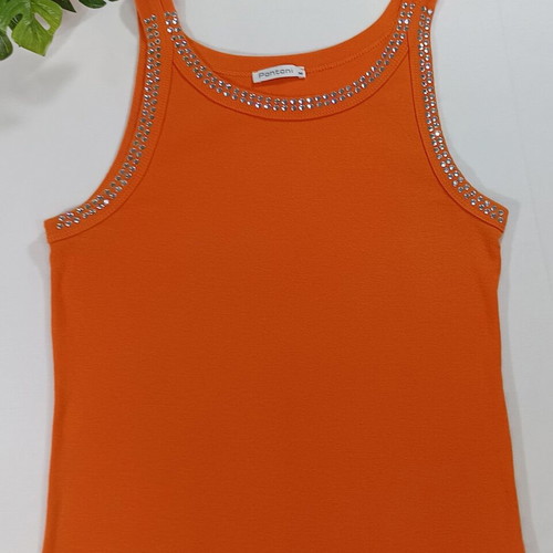 Pontoni orange fitted tank top with rhinestones, size M