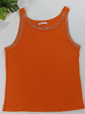 Pontoni orange fitted tank top with rhinestones, size M