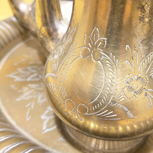 Vintage serving set used, silver plated tray with teapots and sugar bowl