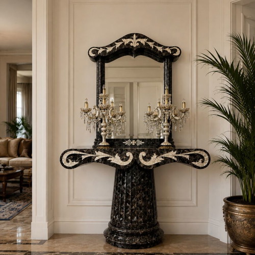 Console table with mirror and column fully covered with natural agate, like new
