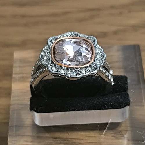 Vintage women's ring with pink stone and white zirconia, silver and rose gold color, new