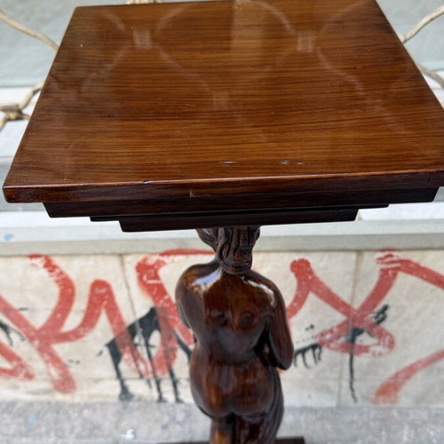 Wood-carved column with caryatid, 25x25 cm, height 77 cm
