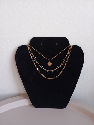 Necklace triple strand with turquoise stones, 18K gold plated stainless steel, new