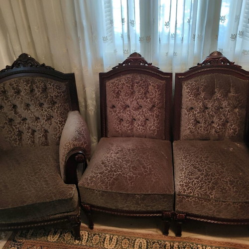 Vintage living room set with dark olive velvet upholstery, like new