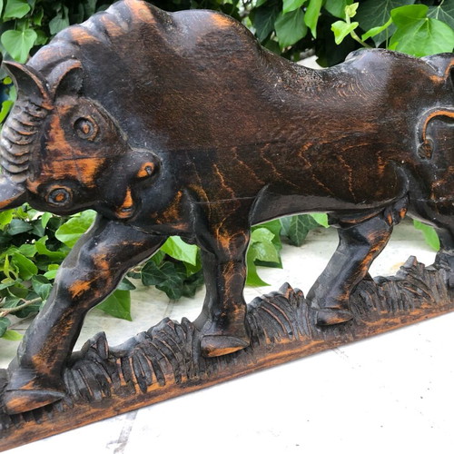 Applique wooden carved bull used, decorative butcher shop