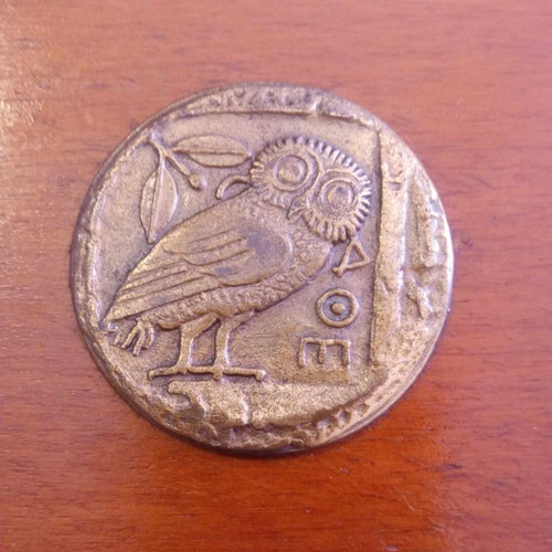 Bronze tetradrachm owl used on wooden plaque