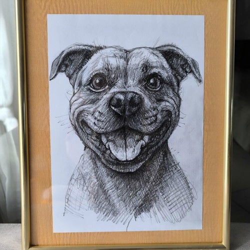 Handmade Art Smiling Staffordshire Bull Terrier Dog in Frame like new