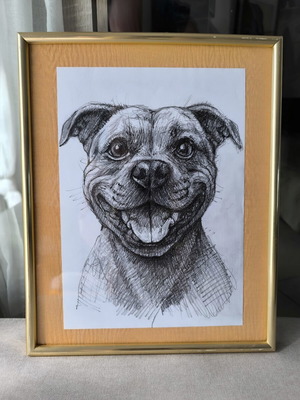 Handmade Art Smiling Staffordshire Bull Terrier Dog in Frame like new