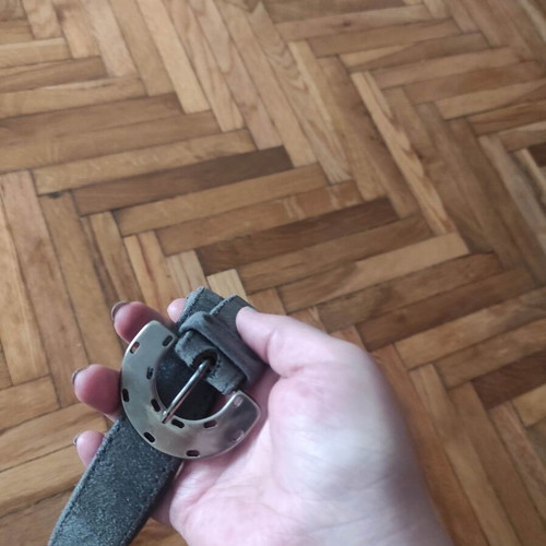 Vintage suede belt used with silver buckle, gray