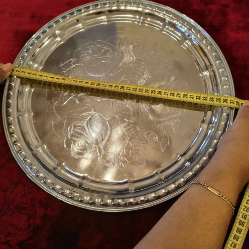 Vintage Soviet metal serving tray with embossed rose design (36cm)