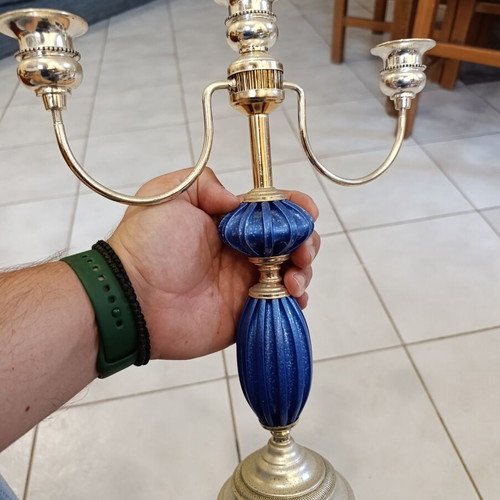 Vintage three-arm candlestick with blue detail
