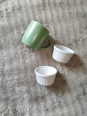 Ceramic set like new with sage green cup and 2 white ramekins