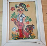 Vintage embroidered textile paintings with white wood frames, 1960s