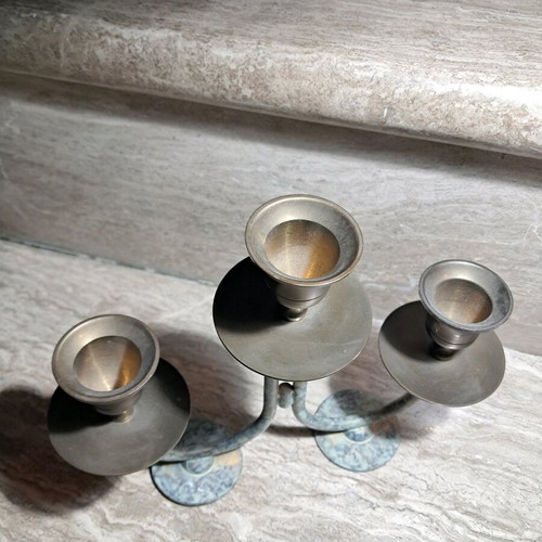 Vintage metal triple candlestick used with natural patina
