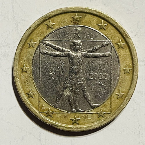 1 Euro coin 2002 Italy with Leonardo da Vinci Vitruvian Man
