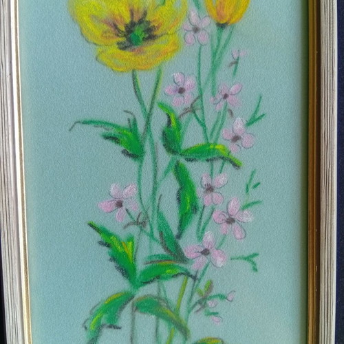 Pastel painting on cardboard 51x18 cm like new under glass