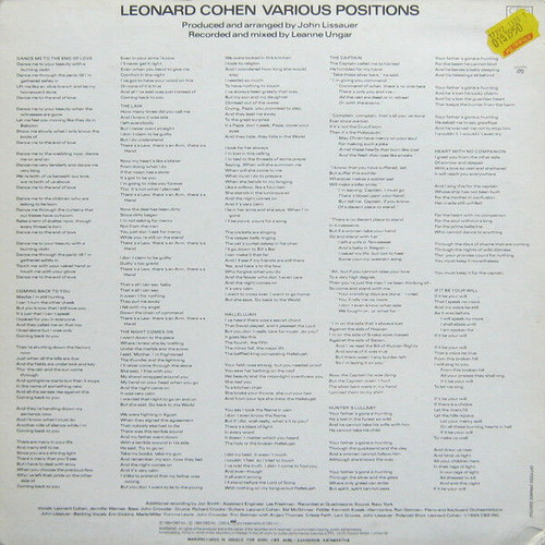 Leonard Cohen Various Positions vinyl record used, rock
