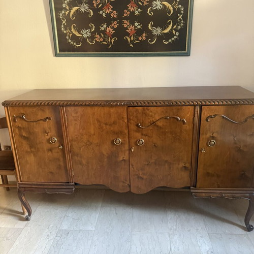 Four-door walnut wood buffet with bronze handles