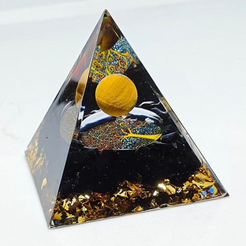 Orgonite pyramid with Tiger's Eye and Tree of Life like new