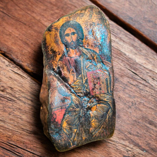 Painted stone icon 30 years old like new, Byzantine style