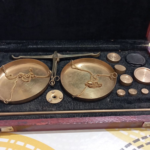 Vintage brass precision scale in wooden case with velvet lining and weights