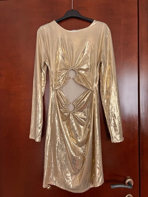 Elastic gold dress with belly cutout and two rings, new