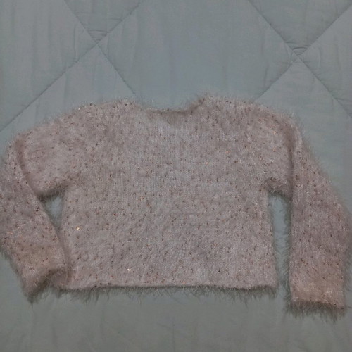 Knitted bolero cardigan used, white with gold thread and sequins, 24 months