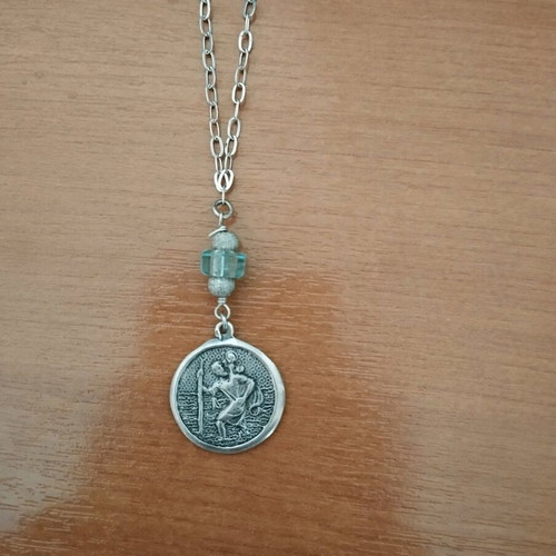 Silver charm new with Virgin Mary, Saint Christopher and blue stone