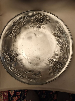 Vintage pewter fruit bowl with embossed grapes and wheat decoration