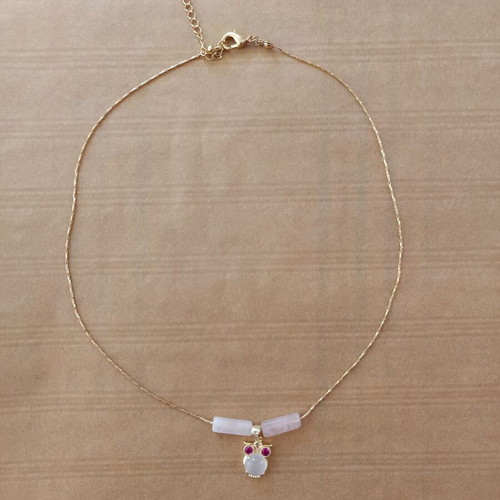 Necklace owl new with rose quartz and zircon stones
