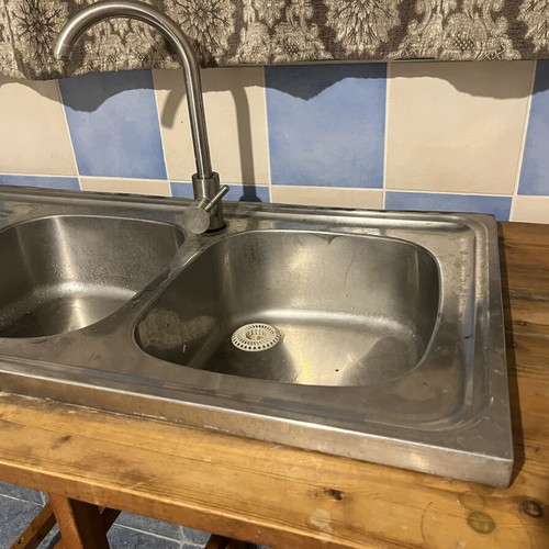 Stainless steel double kitchen sink 1.20x0.50 with faucet and drainage parts