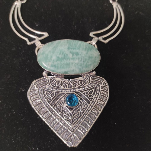 Ethnic Necklace with Amazonite and Topaz, New, Silver and Turquoise
