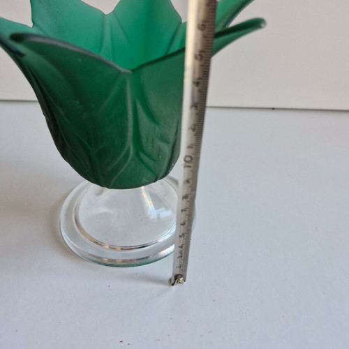 Decorative tulip-shaped ornament made of green matte glass with clear base like new