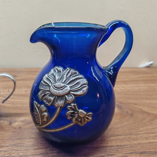 Set of blue blown glass jug and silver-plated fondue pot like new