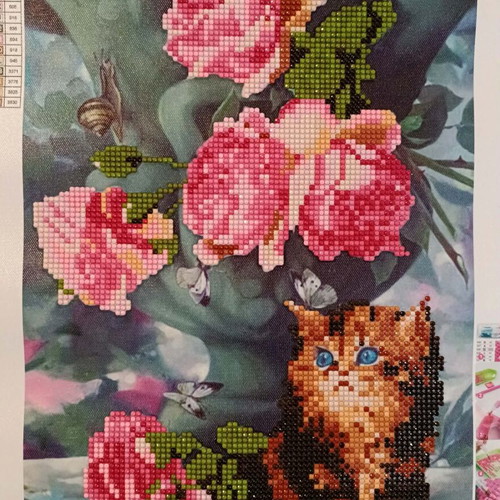 Diamond painting Cat with Flowers complete, like new, canvas 30x40
