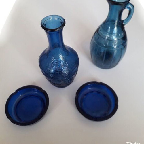 Blue blown glass vase set with two ashtrays and water or wine jug