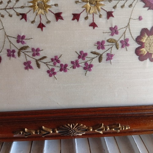 Decorative wooden tray with embroidered flowers and brass handles