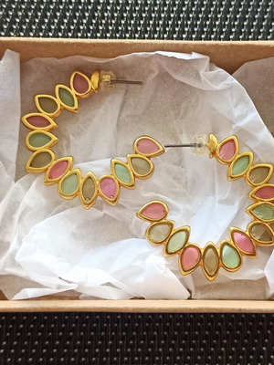 Gold-plated steel hoop earrings with colorful crystals and radial design