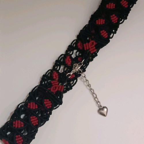 Handmade macrame choker new, black with red cherry leaves